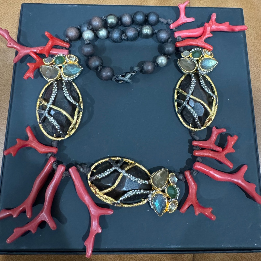 Alexis Bittar Archive Faux Coral and Faceted Cut Wood Beaded Necklace